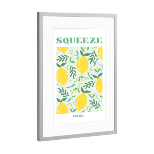 Poster mit Rahmen Silber "Squeeze den Tag mit Zitronen" artboxONE - Typografie,Essen & Trinken / Obst & Gemüse,Lustig