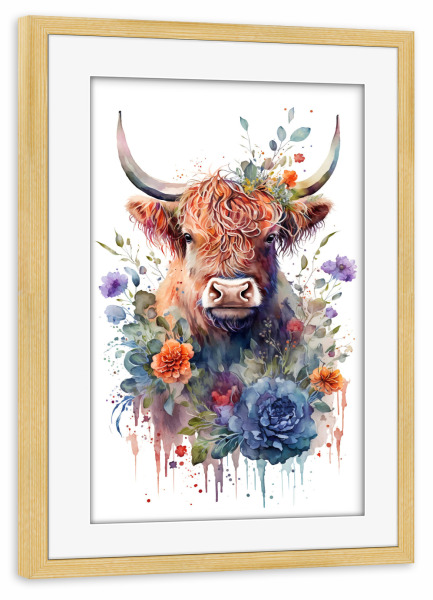 Poster mit Rahmen kiefer "Schöne Hochlandrind mit Blumen" artboxONE - Floral,Tiere