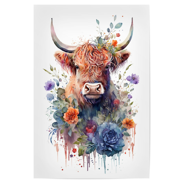 Poster "Schöne Hochlandrind mit Blumen" artboxONE - Floral,Tiere