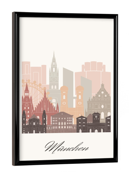 Poster mit schwarzem Rahmen "Münchner Skyline in Terrakotta" artboxONE - Städte,Städte / München,Reise,Architektur,Kartografie