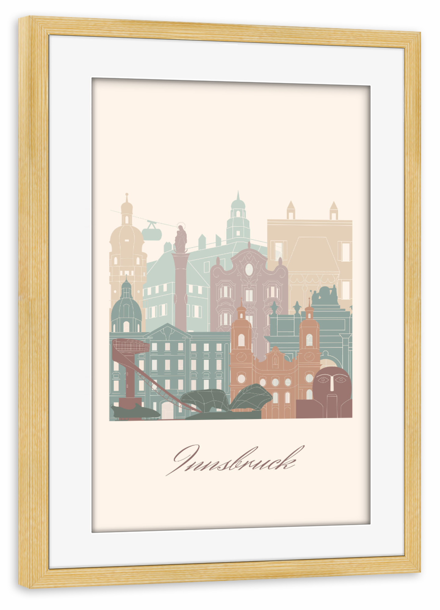 Poster mit Rahmen kiefer "Innsbrucker Skyline in Salbeigrün" artboxONE - Städte,Reise,Architektur,Kartografie