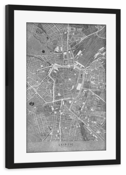 Poster mit Rahmen schwarz "Graue Karte von Leipzig" artboxONE - Städte,Kartografie - Leipzig,Karte,Deutschland,Jahrgang,Grau,Schwarz und weiß
