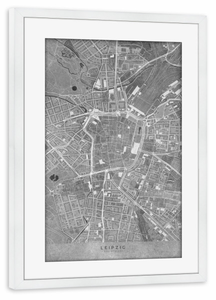 Poster mit Rahmen weiß "Graue Karte von Leipzig" artboxONE - Städte,Kartografie - Leipzig,Karte,Deutschland,Jahrgang,Grau,Schwarz und weiß