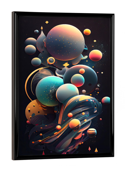 Poster mit schwarzem Rahmen "Bunte Kugeln im Weltraum" artboxONE - Abstrakt,Geometrie,Galaxy