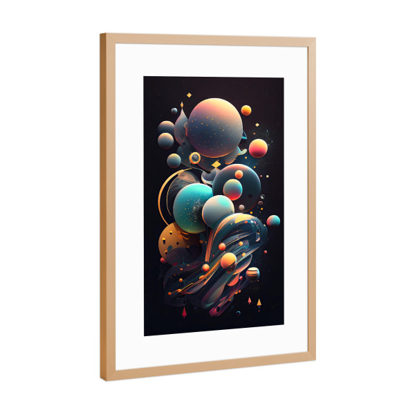 Poster mit Rahmen Kupfer "Bunte Kugeln im Weltraum" artboxONE - Abstrakt,Geometrie,Galaxy