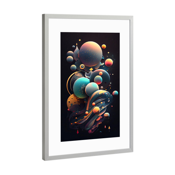 Poster mit Rahmen Silber "Bunte Kugeln im Weltraum" artboxONE - Abstrakt,Geometrie,Galaxy