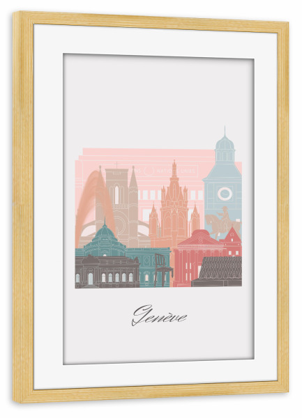 Poster mit Rahmen kiefer "Pastellstil der Genfer Skyline" artboxONE - Städte,Reise,Architektur,Kartografie