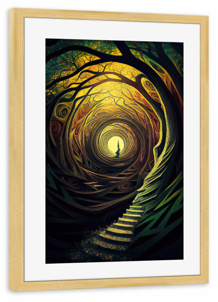 Poster mit Rahmen kiefer "Gelber Weg im surrealen Wald" artboxONE - Abstrakt