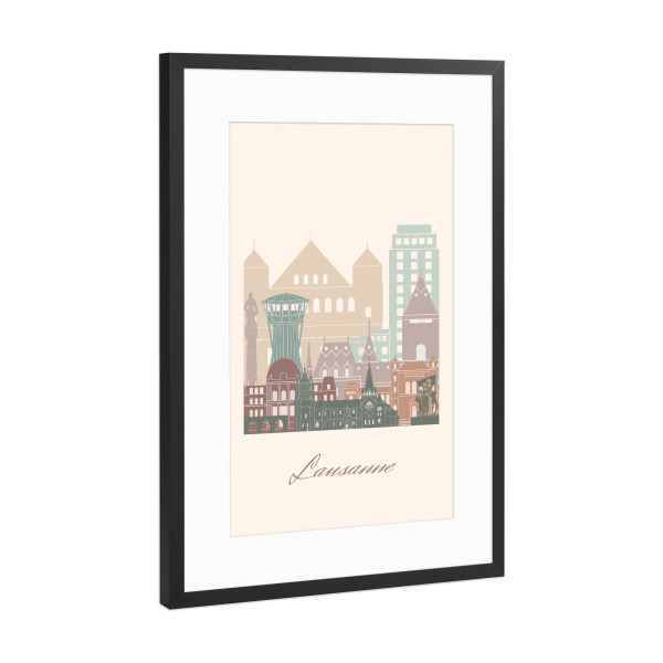 Poster mit Rahmen Schwarz (Metallic) "Skyline von Lausanne-Salbeigrün" artboxONE - Städte,Reise,Architektur,Kartografie