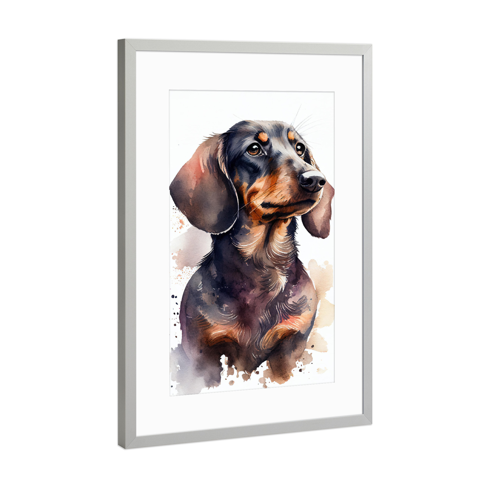 Poster mit Rahmen Silber "Dackel-Porträt-Aquarell" artboxONE - Tiere