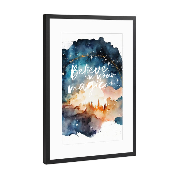 Poster mit Rahmen Schwarz (Metallic) "Glaube an Magie!" artboxONE - Typografie,Natur,Für Kinder,Galaxy