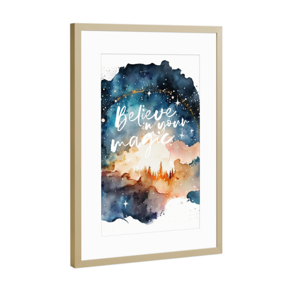 Poster mit Rahmen Gold "Glaube an Magie!" artboxONE - Typografie,Natur,Für Kinder,Galaxy