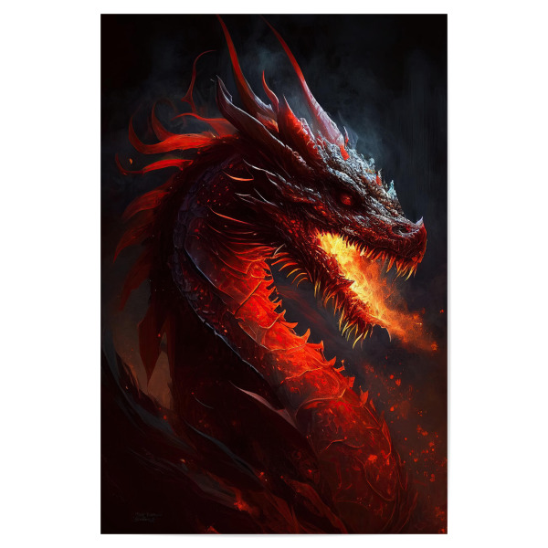 Poster 30x20 cm "Feuerdrache" artboxONE - Tiere - Kunst,Schwarz,Leinwand,Dunkel,Drache,Dramatisch,Feuer,Mystisch,öl,Farbe,Malerei,Rot,Aquarell