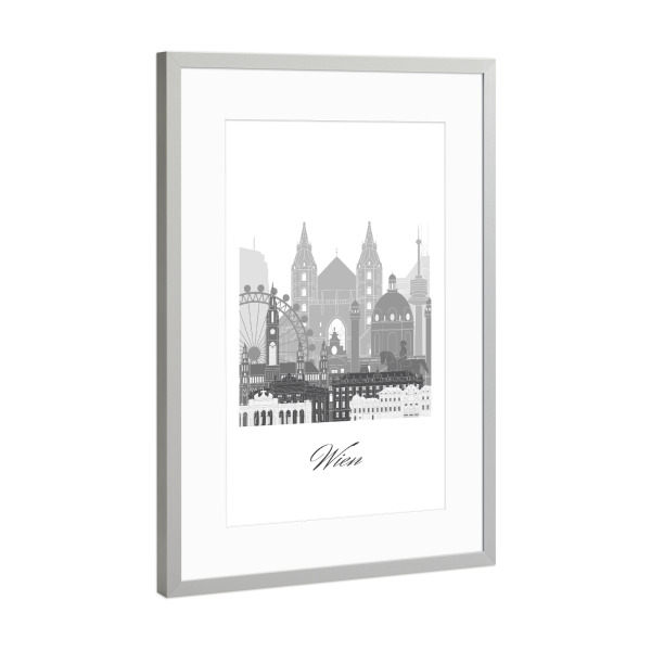 Poster mit Rahmen Silber "Wiener Skyline schwarz-weiß" artboxONE - Städte,Reise,Architektur,Städte / Wien,Kartografie