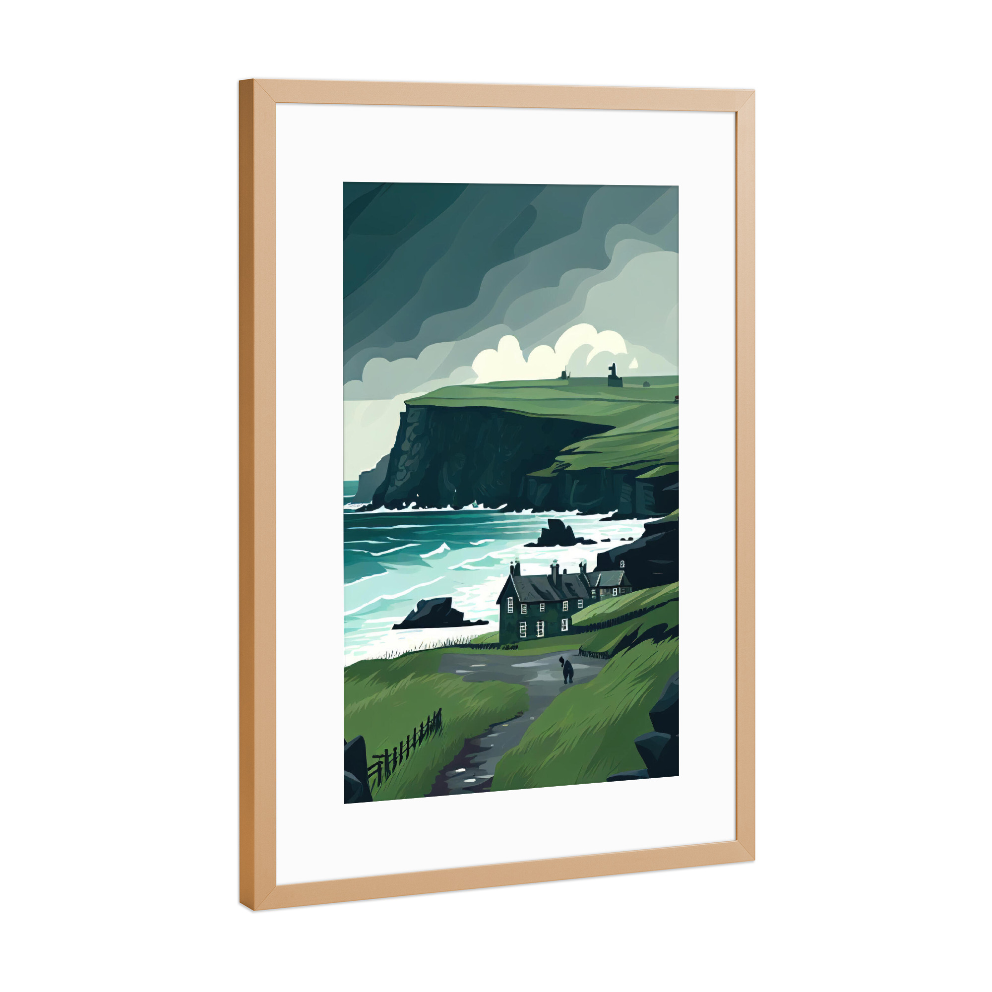 Poster mit Rahmen Kupfer "Beachvibes in Irland" artboxONE - Natur,Reise - Irland,Strand,Klippen,Regen,Küste,Travel poster,Meer,Wolken,Weiden