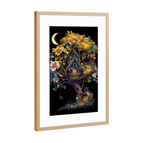 Poster mit Rahmen Kupfer "Fantasiebaumhaus bis zum Nacht" artboxONE - Abstrakt