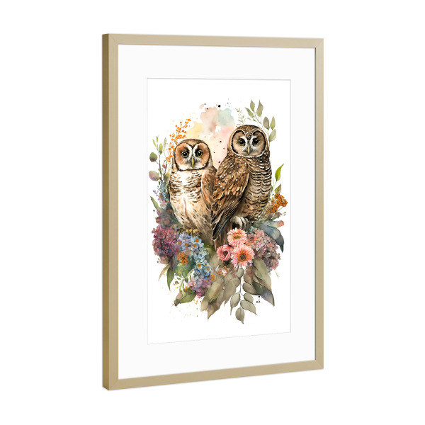 Poster mit Rahmen Gold "Zwei Eulen" artboxONE - Floral,Tiere