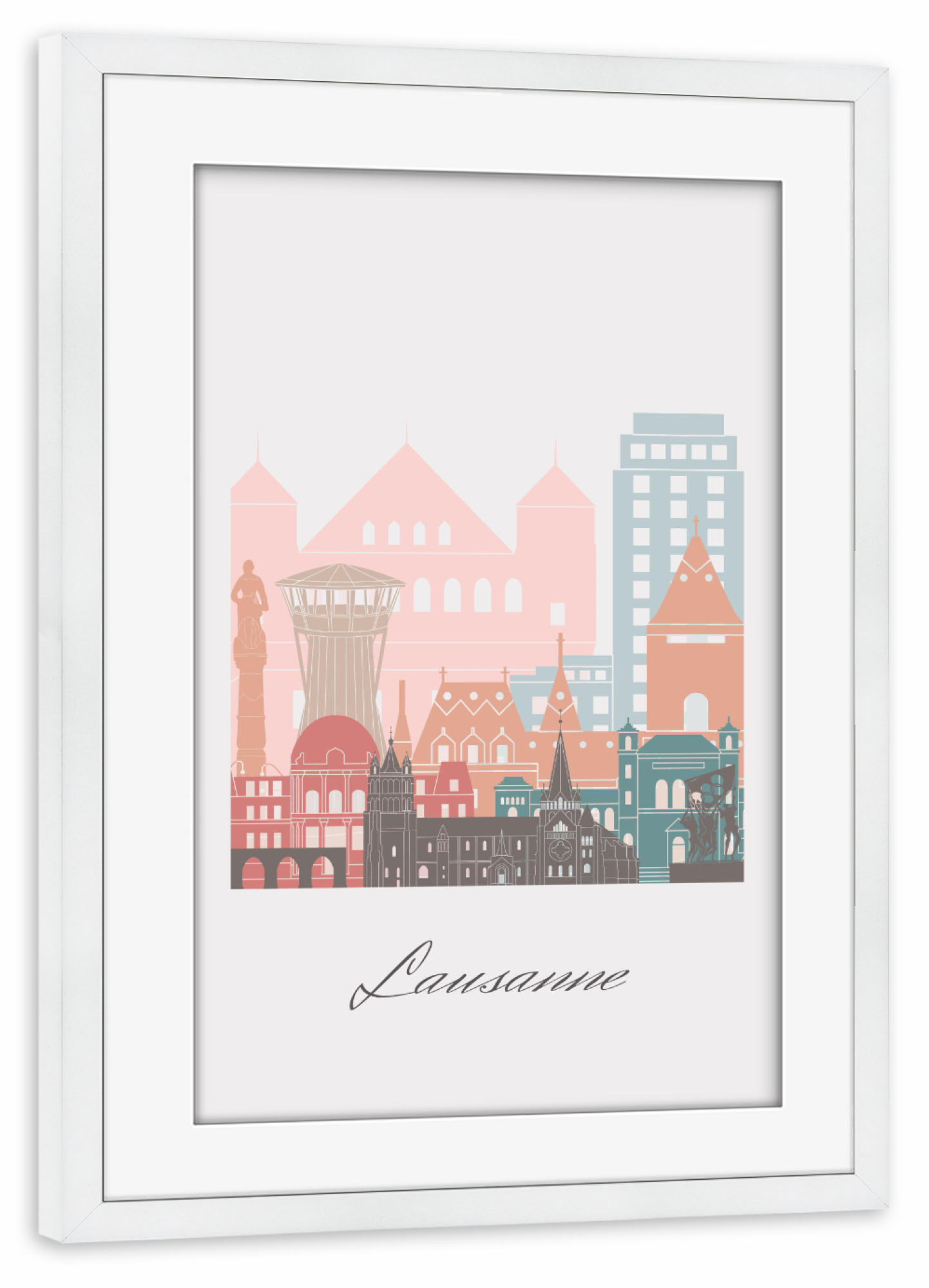 Poster mit Rahmen weiß "Pastellstil-Skyline von Lausanne" artboxONE - Städte,Reise,Architektur,Kartografie