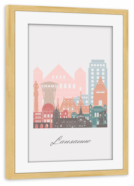 Poster mit Rahmen kiefer "Pastellstil-Skyline von Lausanne" artboxONE - Städte,Reise,Architektur,Kartografie