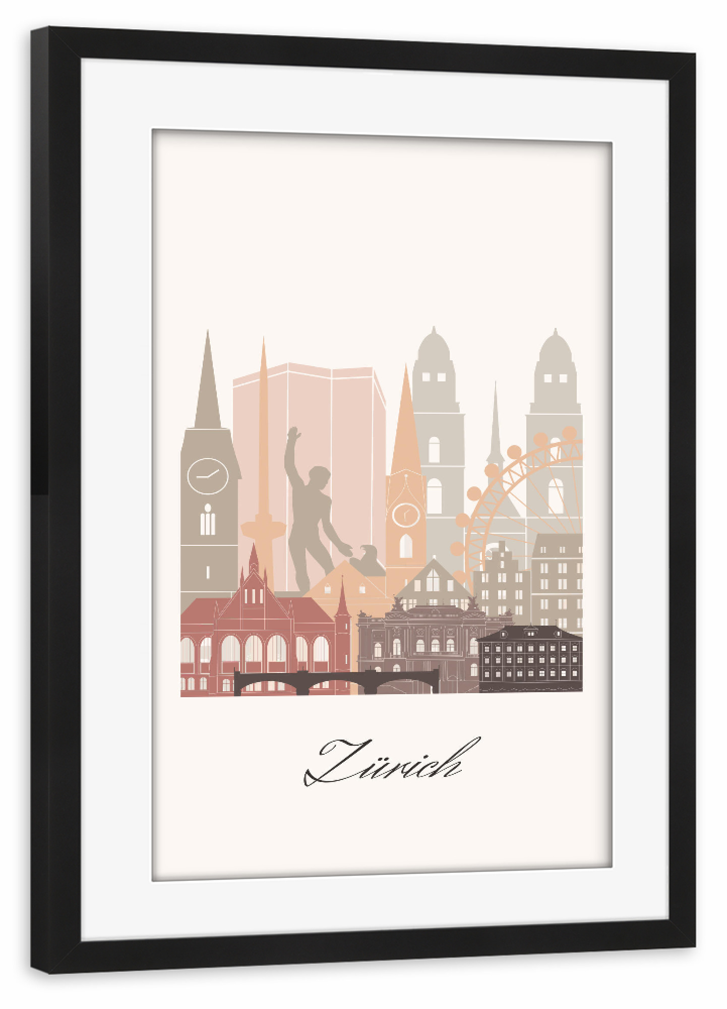 Poster mit Rahmen schwarz "Zürcher Skyline in Terrakotta" artboxONE - Städte,Reise,Architektur,Städte / Zürich,Kartografie