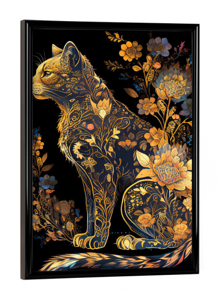 Poster mit schwarzem Rahmen "Blumenkatze auf Schwarzem" artboxONE - Tiere,Abstrakt