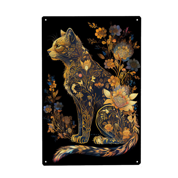 Holzbild "Blumenkatze auf Schwarzem" artboxONE - Tiere,Abstrakt