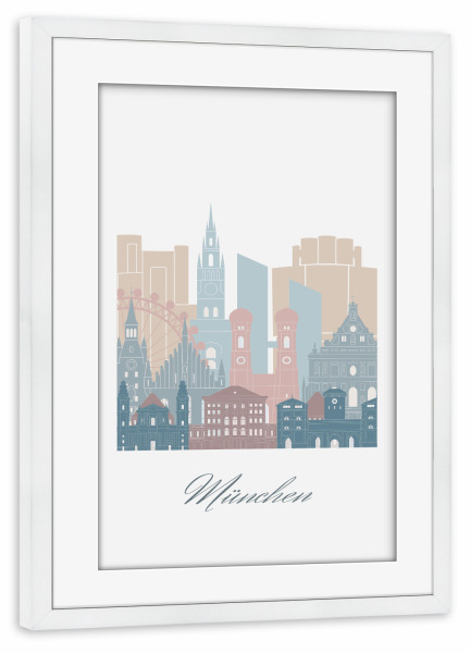 Poster mit Rahmen weiß "Münchner Skyline im Erdton-Stil" artboxONE - Städte,Städte / München,Reise,Architektur,Kartografie