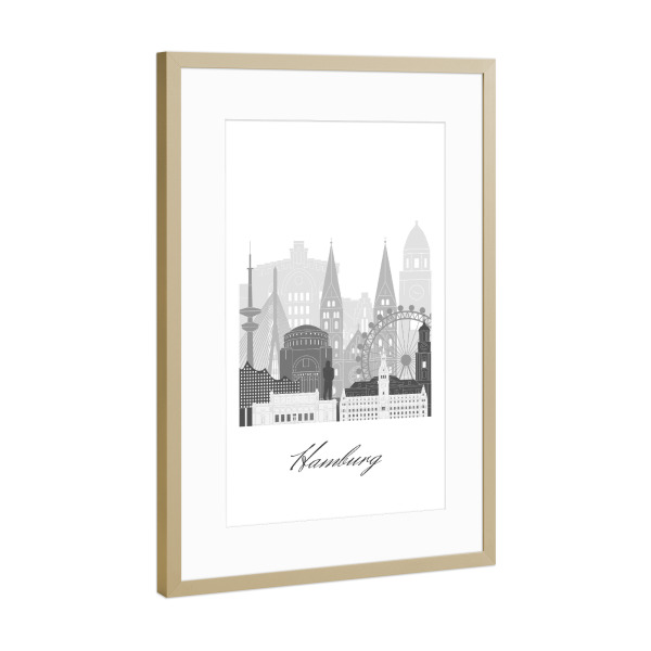 Poster mit Rahmen Gold "Hamburger Skyline schwarz-weiß" artboxONE - Städte,Städte / Hamburg,Reise,Architektur,Kartografie