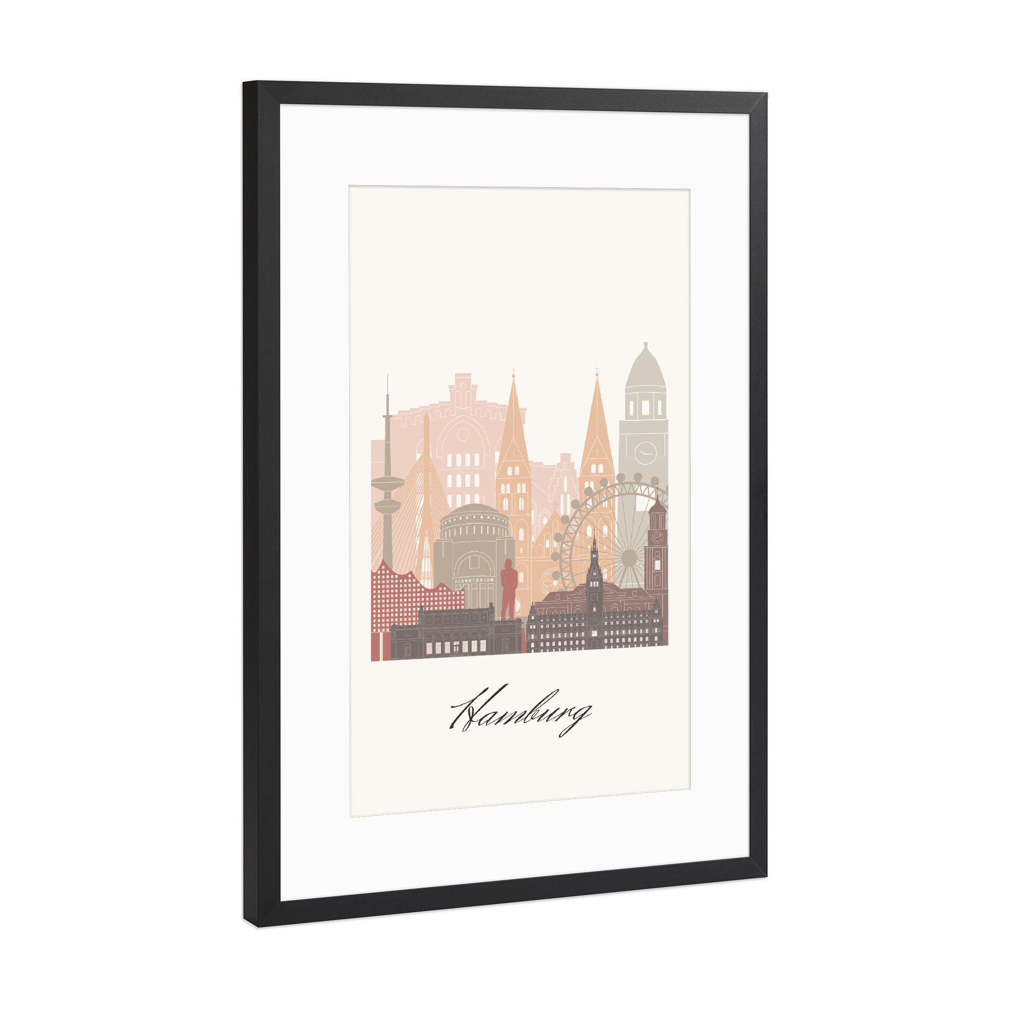 Poster mit Rahmen Schwarz (Metallic) "Hamburger Skyline - Terrakotta" artboxONE - Städte,Städte / Hamburg,Reise,Architektur,Kartografie