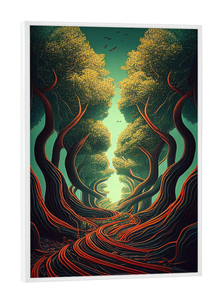Poster mit weißem Rahmen "Roter und grüner surrealer Wald" artboxONE - Abstrakt