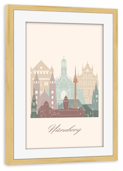 Poster mit Rahmen kiefer "Nürnberger Skyline in Salbeigrün" artboxONE - Städte,Reise,Architektur,Kartografie