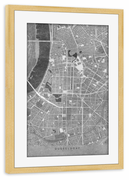 Poster mit Rahmen kiefer "Karte - Düsseldorfer Innenstadt" artboxONE - Kartografie - Düsseldorf,Deutschland,Grau,Karte,Verzweifelt