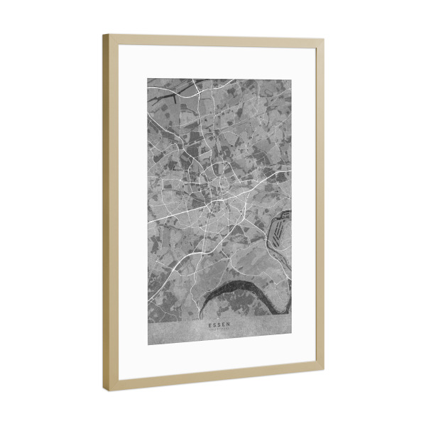 Poster mit Rahmen Gold "Graue Karte von Essen Deutschland" artboxONE - Kartografie - Grau,Karte,Essen,Deutschland,Alt,Distressed