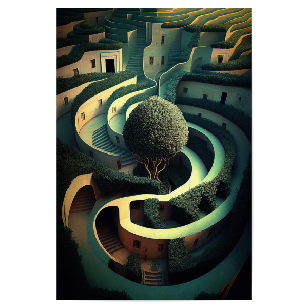 Poster "Labyrinthstadt" artboxONE - Abstrakt,Architektur - Kunst,Gebäude,Labyrinth,Farbe,Malerei,Muster,Spirale,Seltsam,Surreal,Baum,Strudel