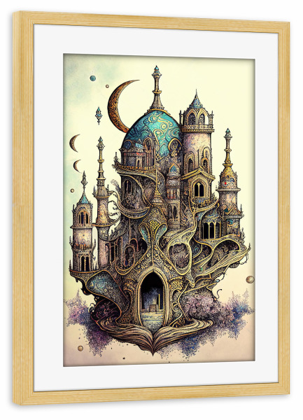 Poster mit Rahmen kiefer "Surreale Pastellburg" artboxONE - Städte,Abstrakt