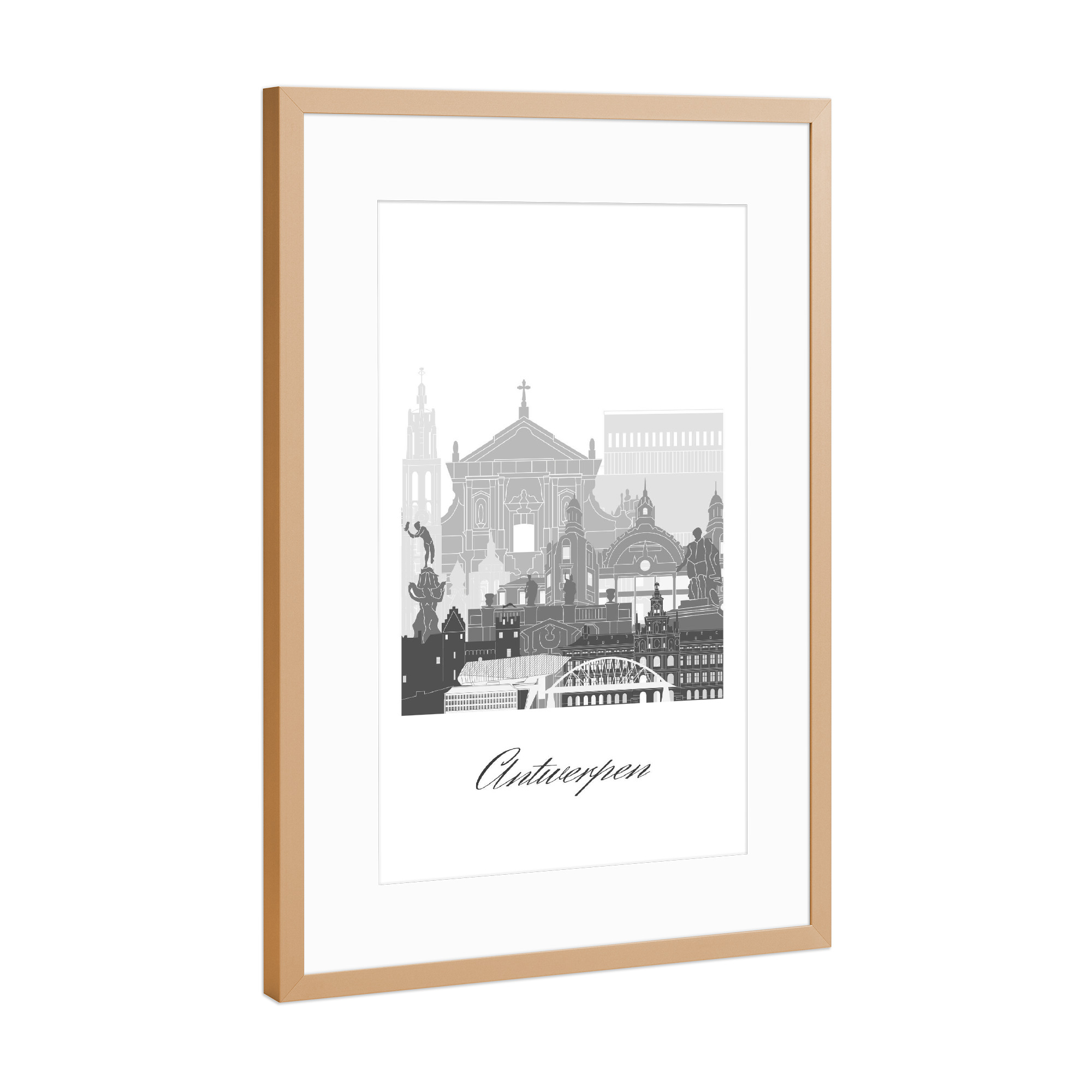 Poster mit Rahmen Kupfer "Antwerpener Skyline schwarz weiß" artboxONE - Städte,Reise,Architektur,Kartografie