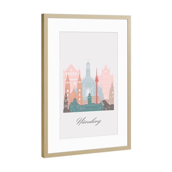 Poster mit Rahmen Gold "Nürnberger Skyline im Pastellstil" artboxONE - Städte,Reise,Architektur,Kartografie
