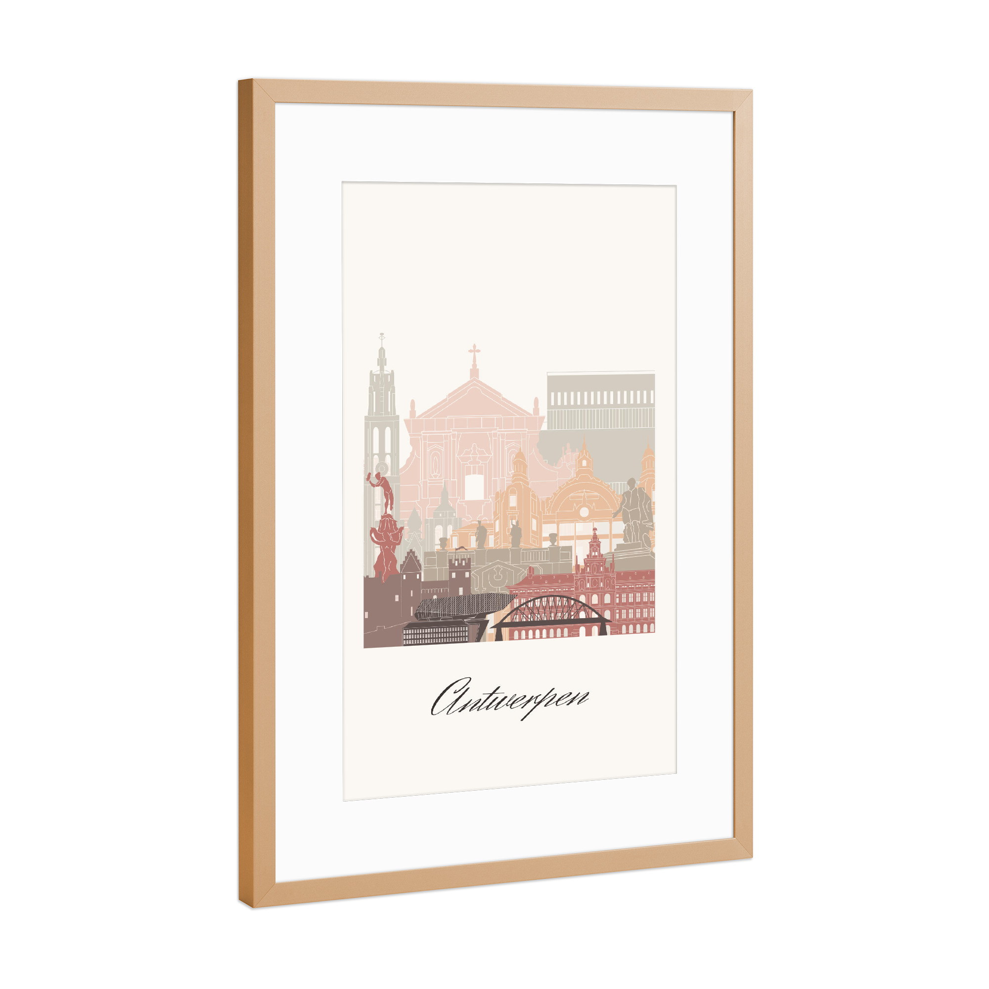 Poster mit Rahmen Kupfer "Antwerpener Skyline - Terrakotta" artboxONE - Städte,Reise,Architektur,Kartografie