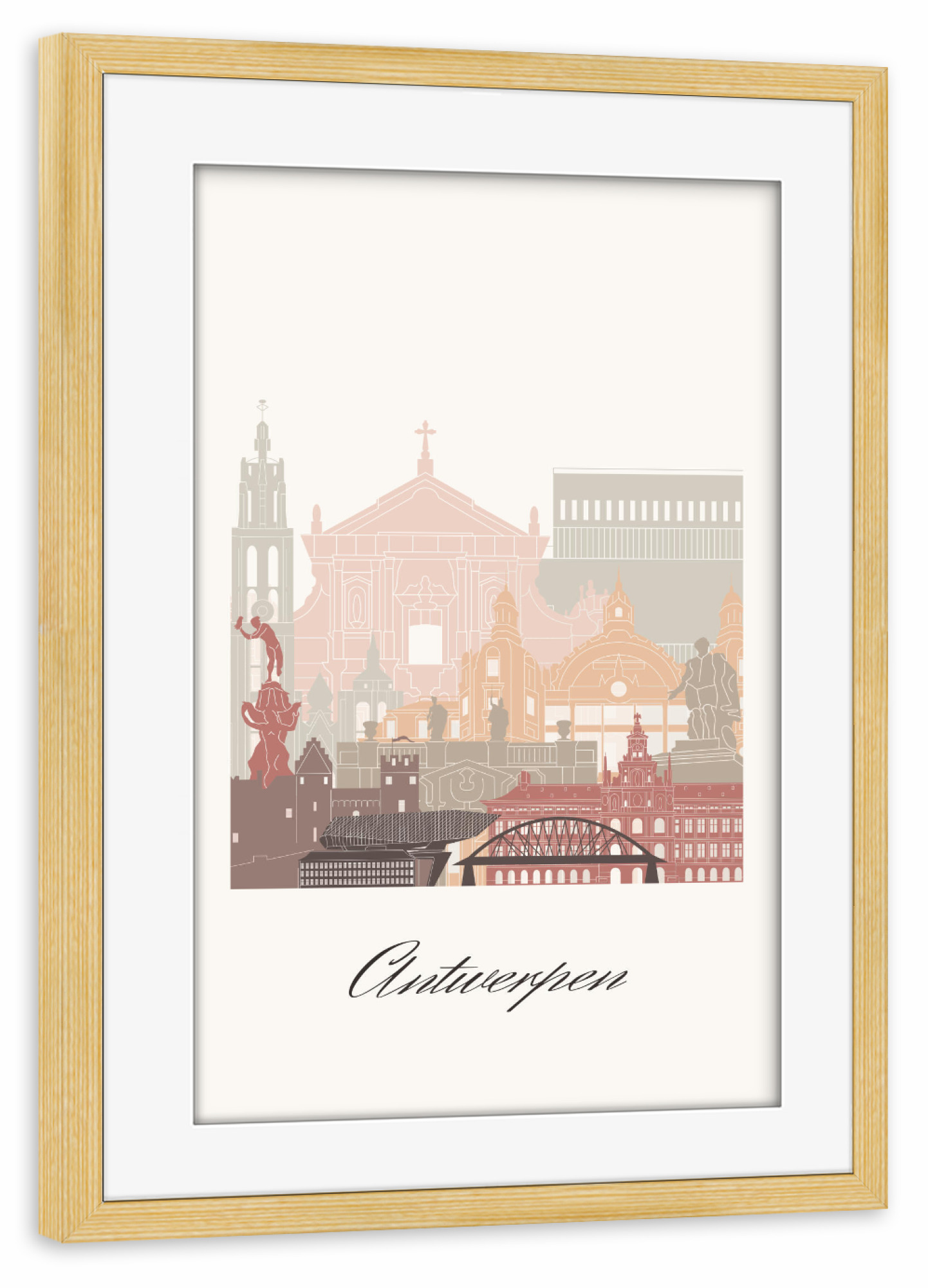Poster mit Rahmen kiefer "Antwerpener Skyline - Terrakotta" artboxONE - Städte,Reise,Architektur,Kartografie