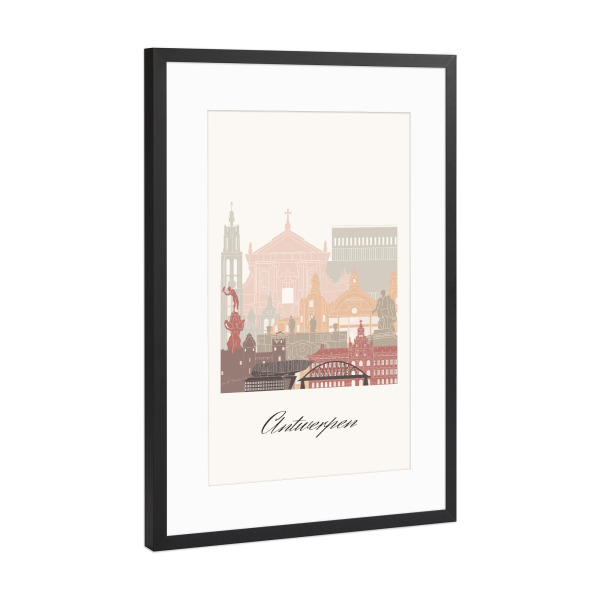 Poster mit Rahmen Schwarz (Metallic) "Antwerpener Skyline - Terrakotta" artboxONE - Städte,Reise,Architektur,Kartografie