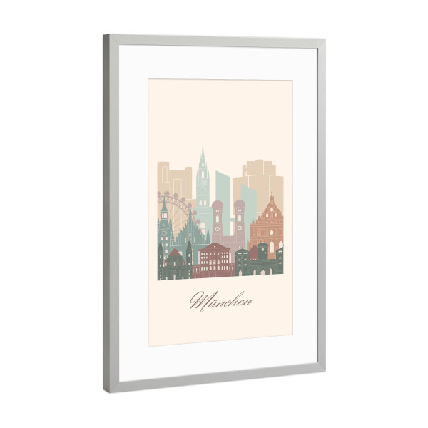 Poster mit Rahmen Silber "Münchner Skyline in Salbeigrün" artboxONE - Städte,Städte / München,Reise,Architektur,Kartografie