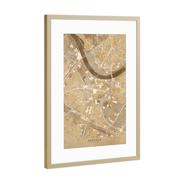 Poster mit Rahmen Gold "Sepiakarte von Dresden Zentrum" artboxONE - Kartografie - Dresden,Sepia,Jahrgang,Karte,Deutschland,Antik