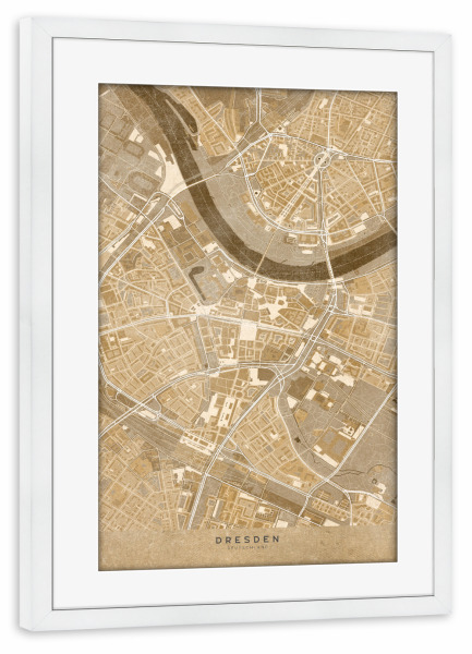 Poster mit Rahmen weiß "Sepiakarte von Dresden Zentrum" artboxONE - Kartografie - Dresden,Sepia,Jahrgang,Karte,Deutschland,Antik