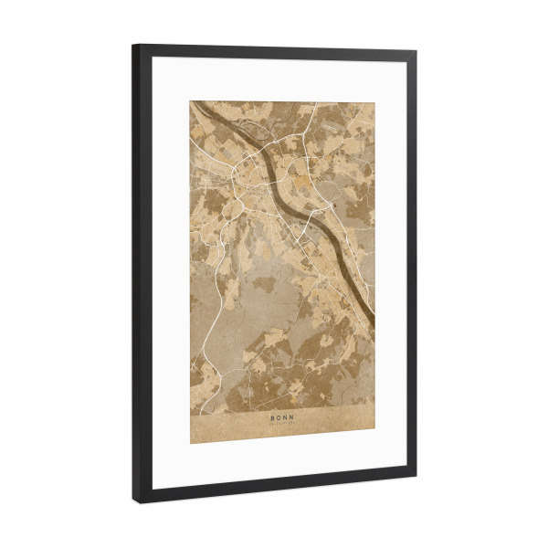 Poster mit Rahmen Schwarz (Metallic) "Sepiakarte von Bonn Deutschland" artboxONE - Kartografie - Bonn,Deutschland,Braun,Sepia,Jahrgang,Karte,Antik