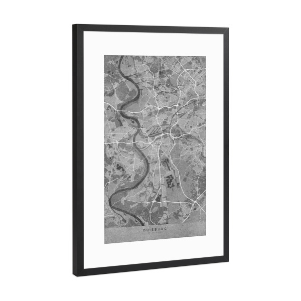 Poster mit Rahmen Schwarz (Metallic) "Graue Karte von Duisburg" artboxONE - Kartografie - Graustufen,Grau,Karte,Duisburg,Deutschland