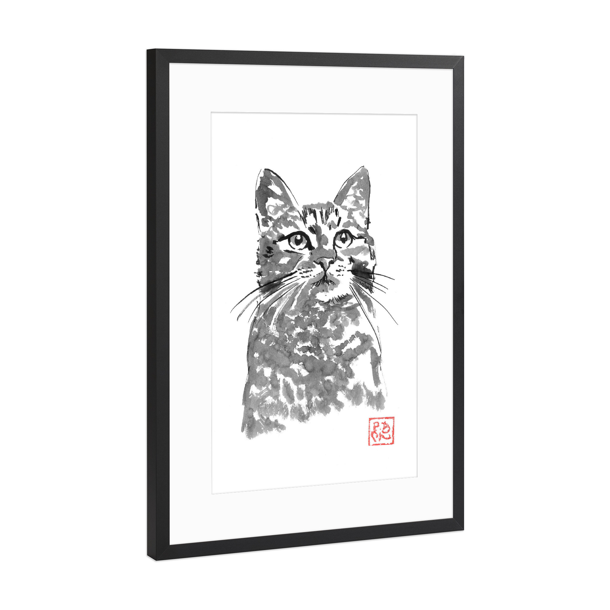 Poster mit Rahmen Schwarz (Metallic) "Tapfere Katze" artboxONE - Tiere - Katze,Sumie,Japan