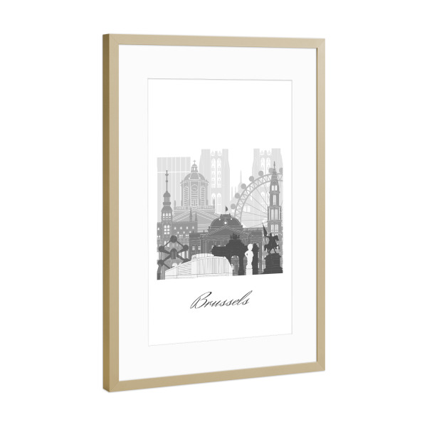 Poster mit Rahmen Gold "Brüsseler Skyline schwarz-weiß" artboxONE - Städte,Reise,Architektur,Kartografie