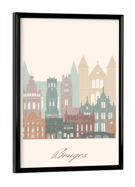Poster mit schwarzem Rahmen "Brügge Skyline Salbeigrün Stil" artboxONE - Städte,Reise,Architektur,Kartografie