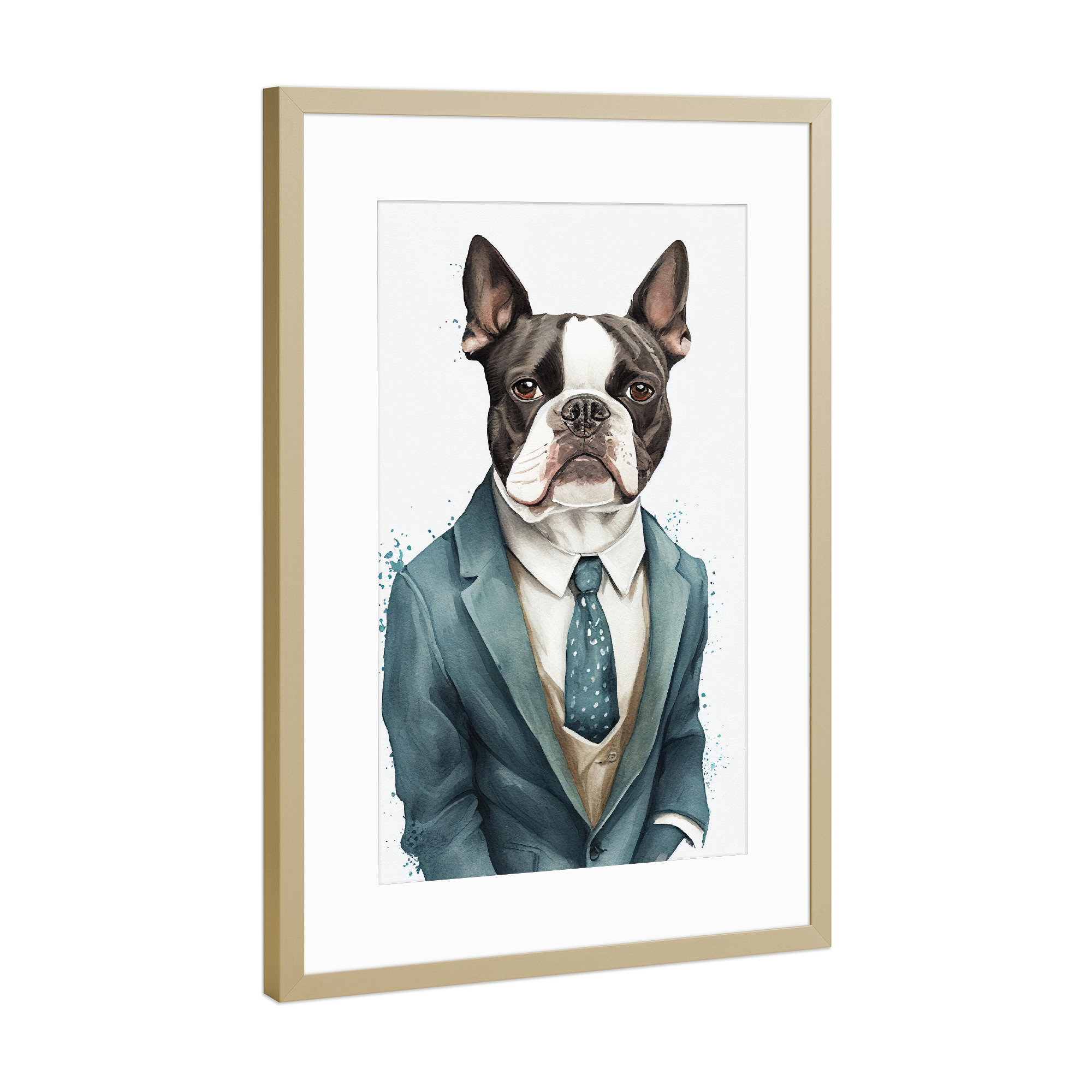 Poster mit Rahmen Gold "Geschäftshund Boston Terrier" artboxONE - Tiere,Lustig
