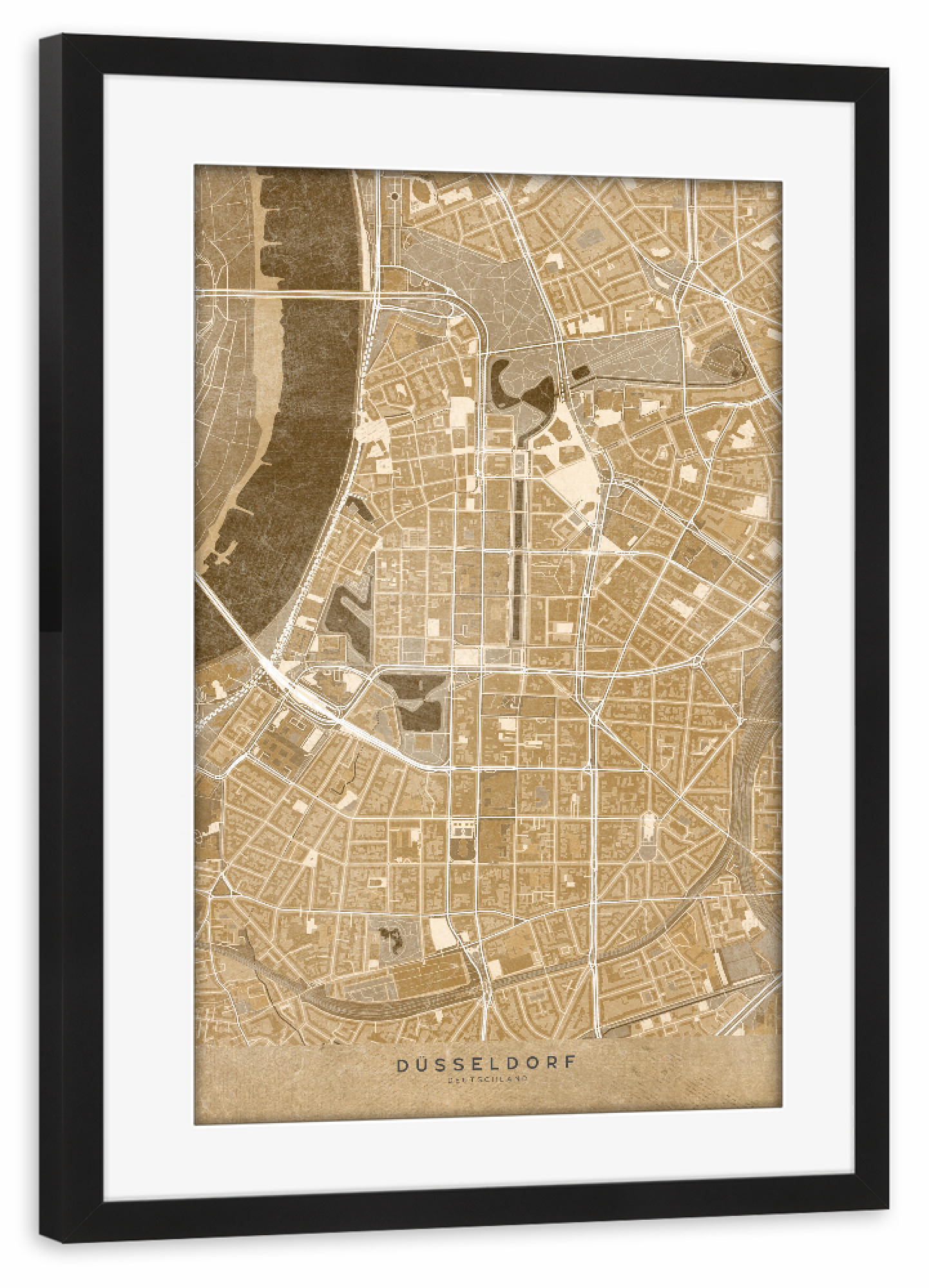 Poster mit Rahmen schwarz "Sepiakarte von Düsseldorf" artboxONE - Städte,Kartografie - Sepia,Karte,Düsseldorf,Deutschland,Alt,Antik